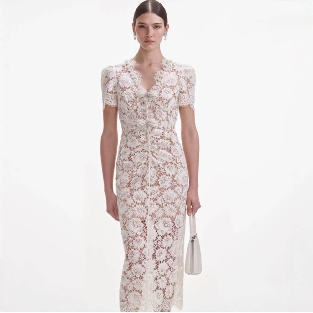 self-portrait Cream Fine Lace Pearl Midi Dress - Size US10 - MSRP $615 - NWT - Picture 2 of 7